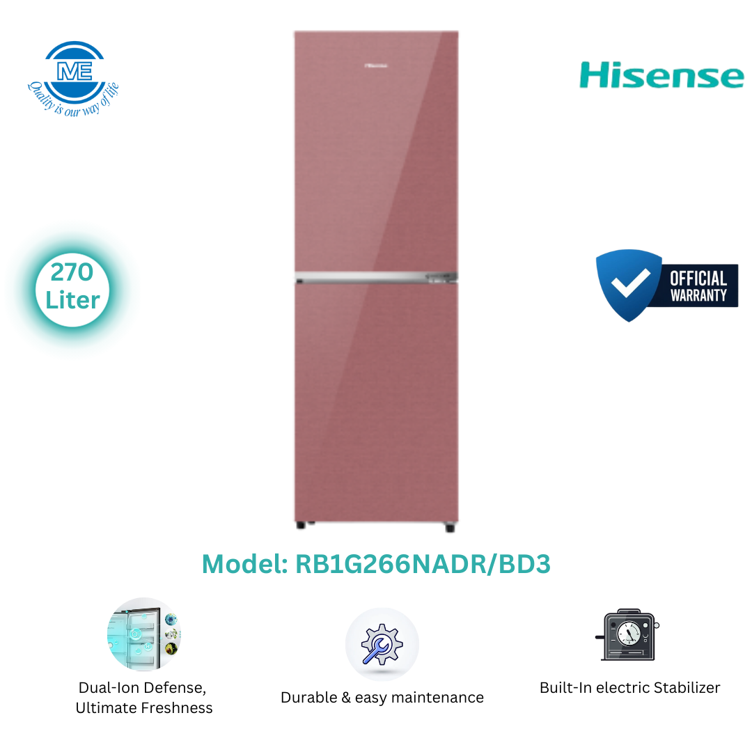 Picture of HISENSE 270 Liter Bottom Mount Frost Direct Cool Glass Door Inverter Refrigerator Dark Red (RB1G266NADR/BD3)
