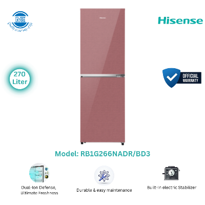 Picture of HISENSE 270 Liter Bottom Mount Frost Direct Cool Glass Door Inverter Refrigerator Dark Red (RB1G266NADR/BD3)