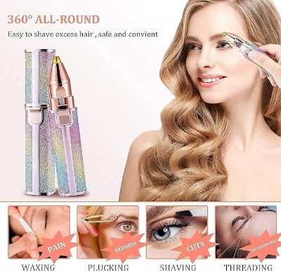 Picture of ANTIMOS Rechargeable Eyebrow Trimmer & Facial Hair Remover, 2 in 1 Painless Eyebrow Razor Facial Hair Remover, Eyebrow Lips Nose Body Hair Removal Razor For Women (Rainbow Color)