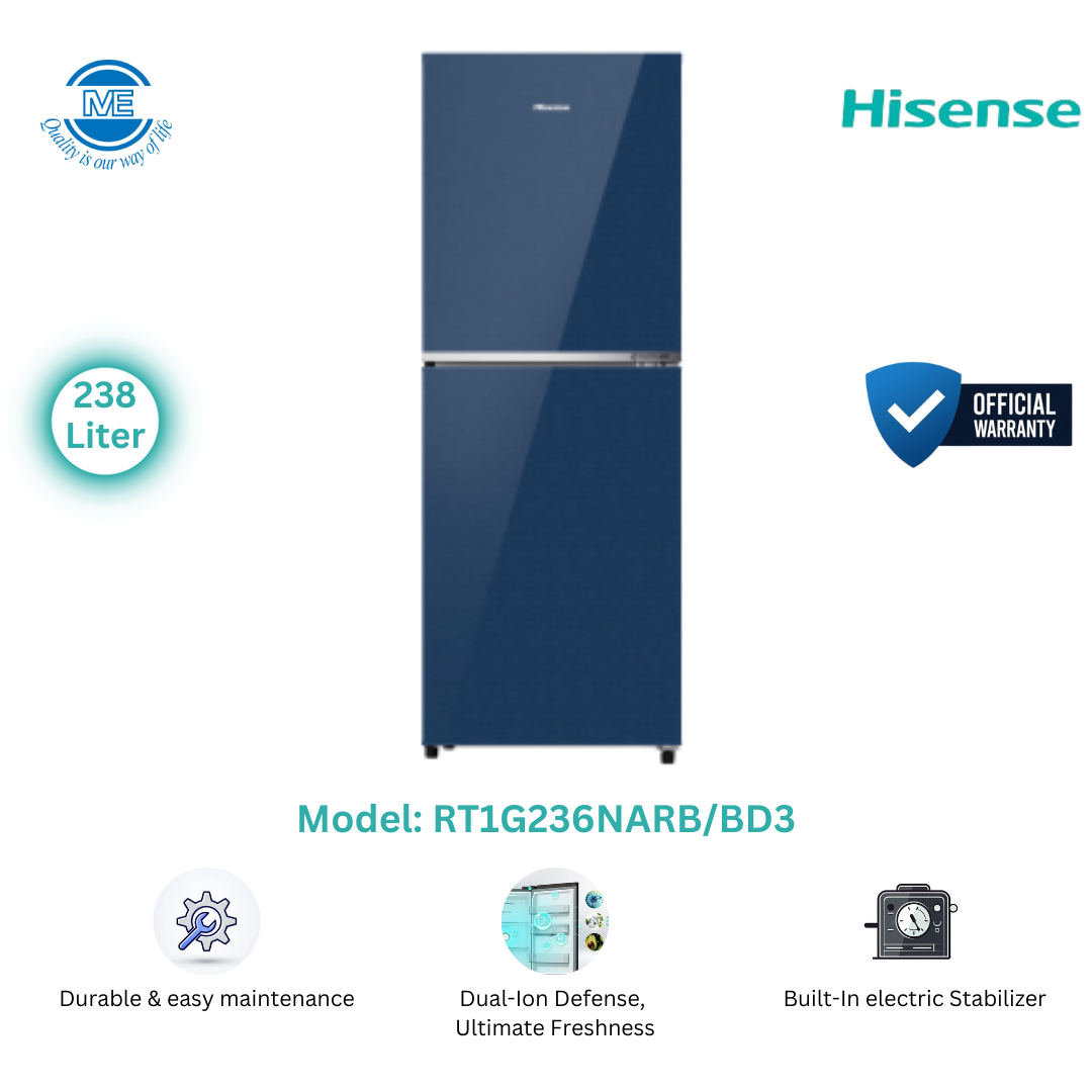 Picture of Hisense 238 Liter Top Mount Frost Glass Door Inverter Refrigerator Royal Blue (RT1G236NARB/BD3)