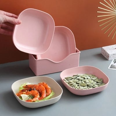 Picture of 10Pcs Square Wheat Straw Plates Salad Bowl Reusable Food Serving Dishes with Rack_D Shop