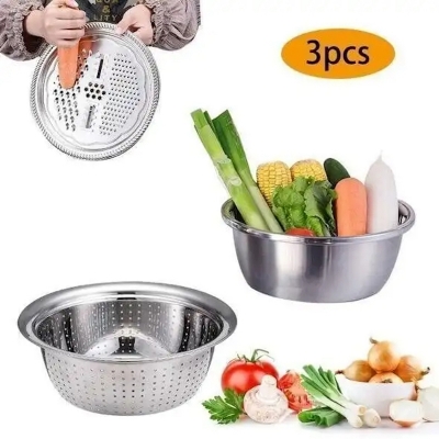 Picture of Germany Multifunctional Stainless Steel Basin Set Mixing Bowl Set Grater Bowl 3 In 1 Salad Maker Bowl Mixing Bowl Set With Drain_D Shop