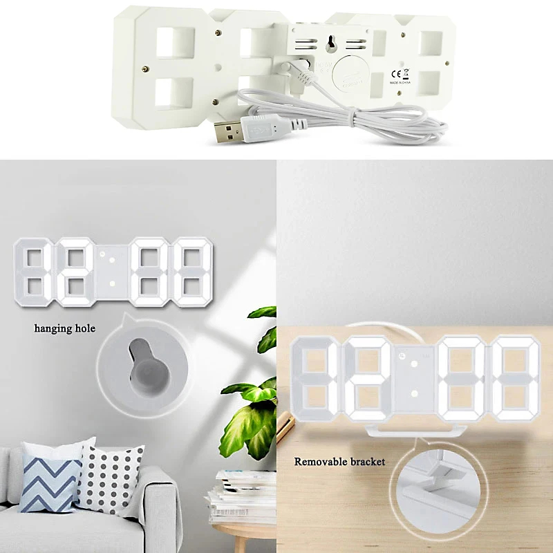 Picture of D Shop (22.4cm X 8.2cm) Glowing Night Mode Date Temperature Display Precise Digital Clock 3D LED Electronic Table Clock-White