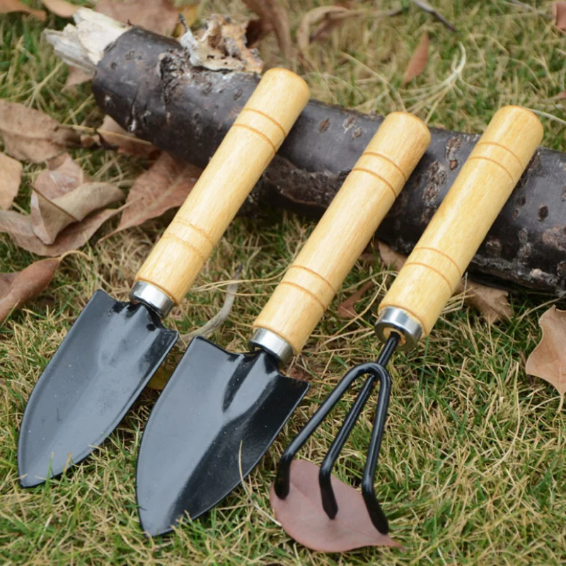 Picture of 3pcs Mini Garden Shovel Rake Spade Bonsai Tools Set Wooden Handle for Flowers Potted Plant Garden Tools Weeding Tools-D Shop