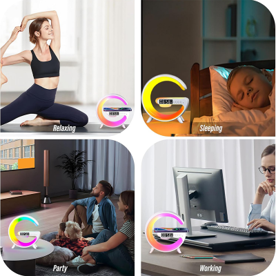 Picture of Wireless Charging Light Up Speaker G Shape LED Wireless Table Speaker Color Changing Alarm Clock Charger Stand Bedside Light (Charging only For Iphone)
