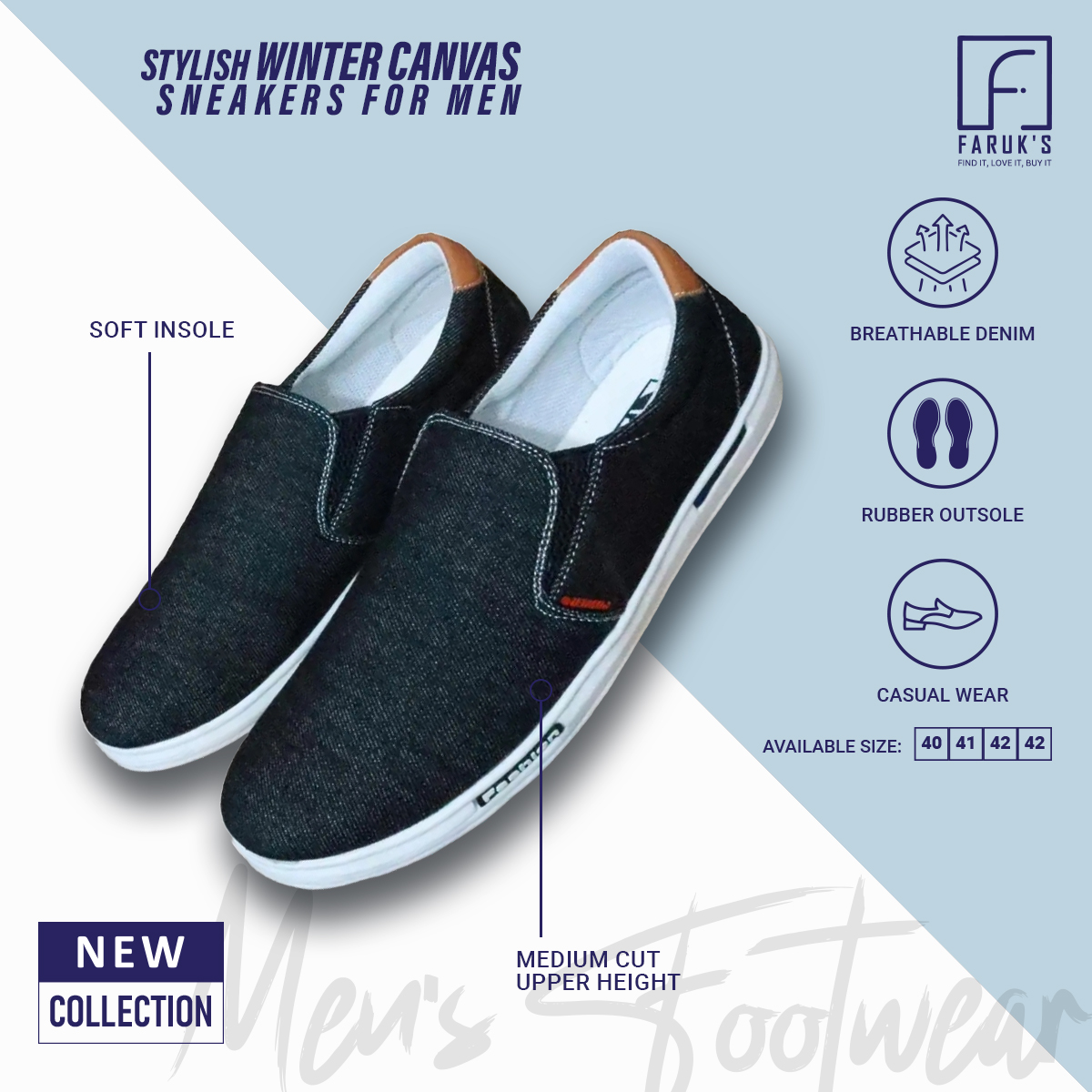 Picture of Stylish Black Color Winter Canvas Sneakers for Men