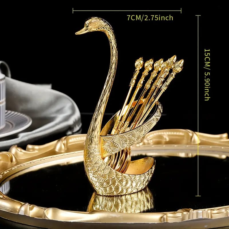 Picture of 1 set of 7pcs European-style light luxury swan spoon rest, Western restaurant tableware storage, home kitchen and restaurant table accessories, can hold spoons, forks, chopsticks