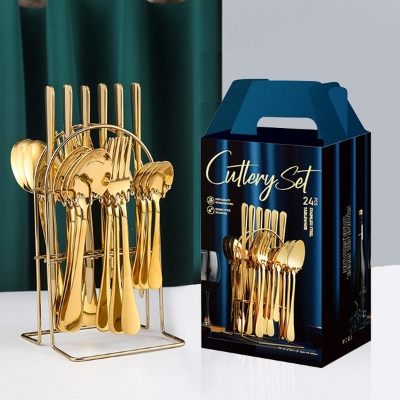 Picture of 24pcs Stainless Steel Cutlery Set with Holder - Steak Knife Fork Spoon