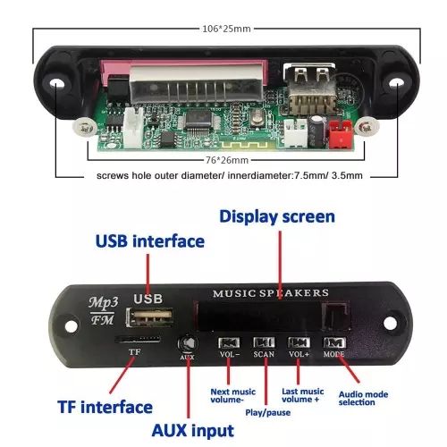 Picture of Bluetooth MP3 FM Decoder Module 5V 1A USB TF Audio Player Module with LED Display