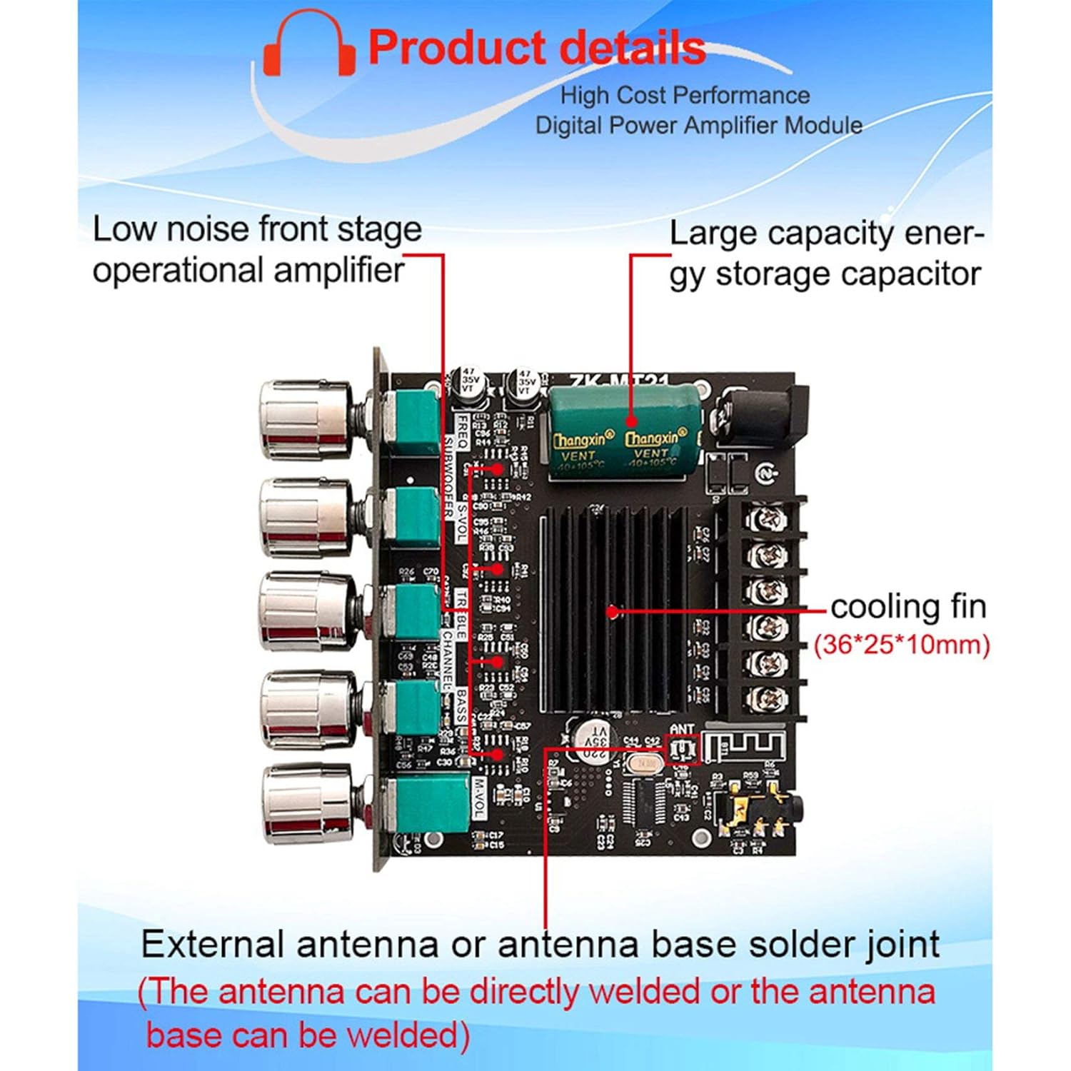 Picture of ZK-MT21 2.1 Channel 5.0 Subwoofer Amplifier Board 50WX2+100W Power Audio Stereo Amplifier Board Bass AMP AUX