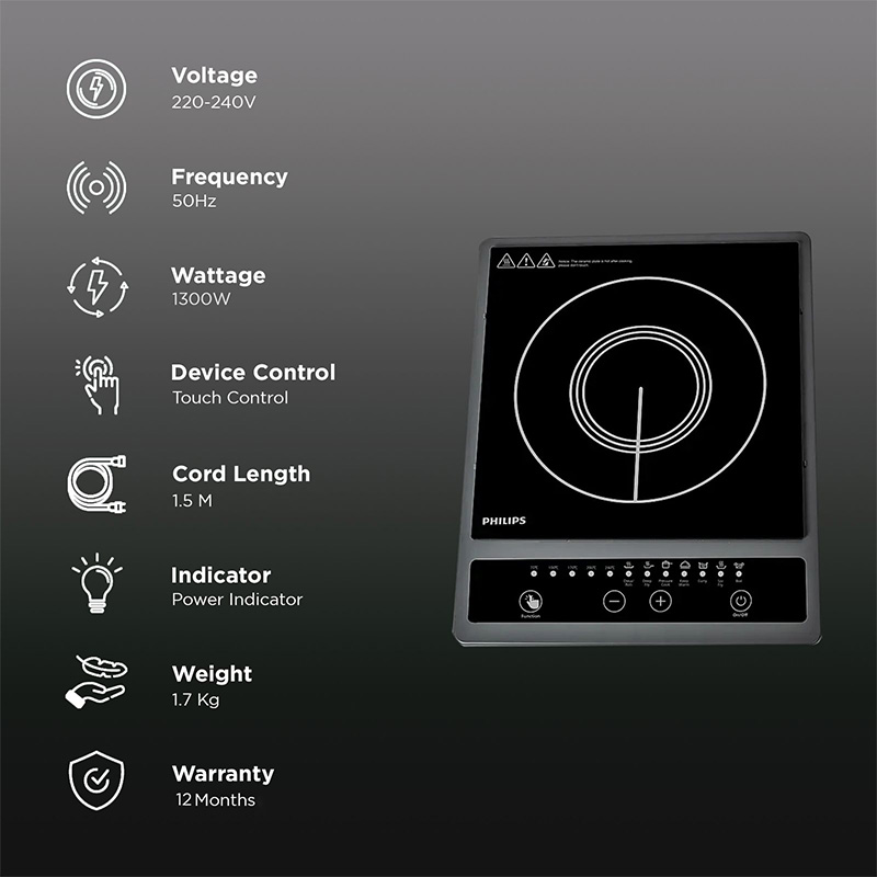 Picture of Philips HD4944 Induction Cooker 1000-Series – 1500W| Designed for fast, Energy-efficient, and safe cooking, 8 Preset Cooking Menus, Advanced Heating Technology