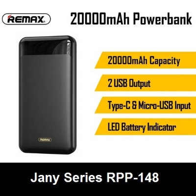 Picture of Remax RPP-148 20000mAh Jany Series Dual Inputs Power Bank -Mini Power Bank - Powerbank - Black