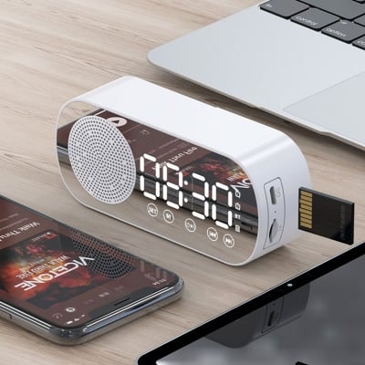 Picture of Multi Function Bluetooth 5.0 Compatible Wireless Speaker FM Radio Portable Accessories Support TF Card with Mirror Alarm Clock - Portable Table - Black