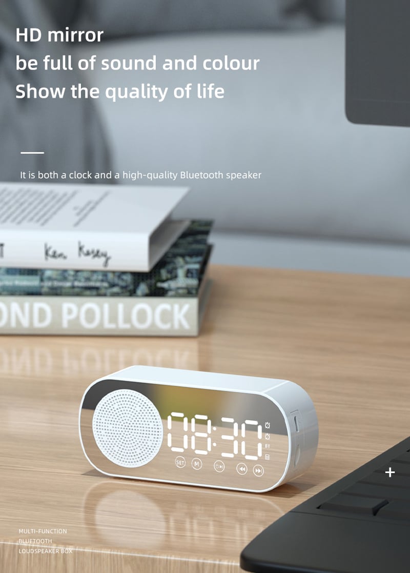 Picture of Multi Function Bluetooth 5.0 Compatible Wireless Speaker FM Radio Portable Accessories Support TF Card with Mirror Alarm Clock - Portable Table - Black