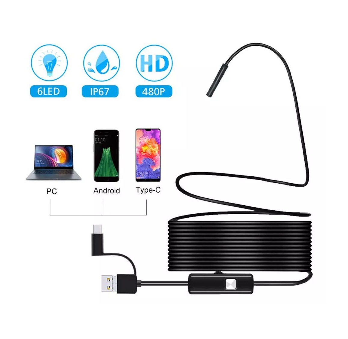 Picture of Endoscope Camera 3in1 Waterproof with Hard wire 2Meter Android Endoscope Camera - Black