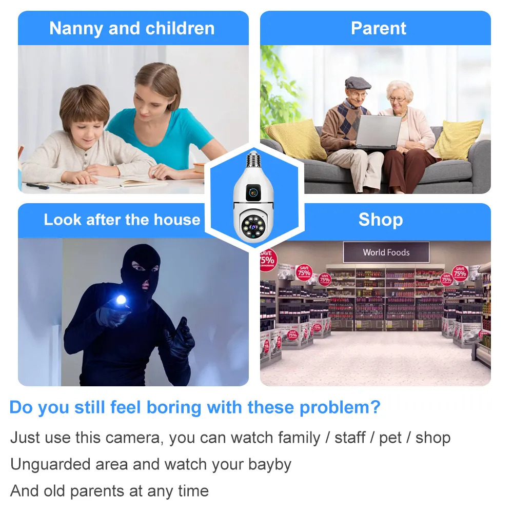 Picture of 2.0MP Dual Lens Smart Wireless WiFi Bulb Camera Night Vision Wi-Fi IP Camera CCTV 360 Degree PTZ Light Bulb Camera - Multicolor,64GB