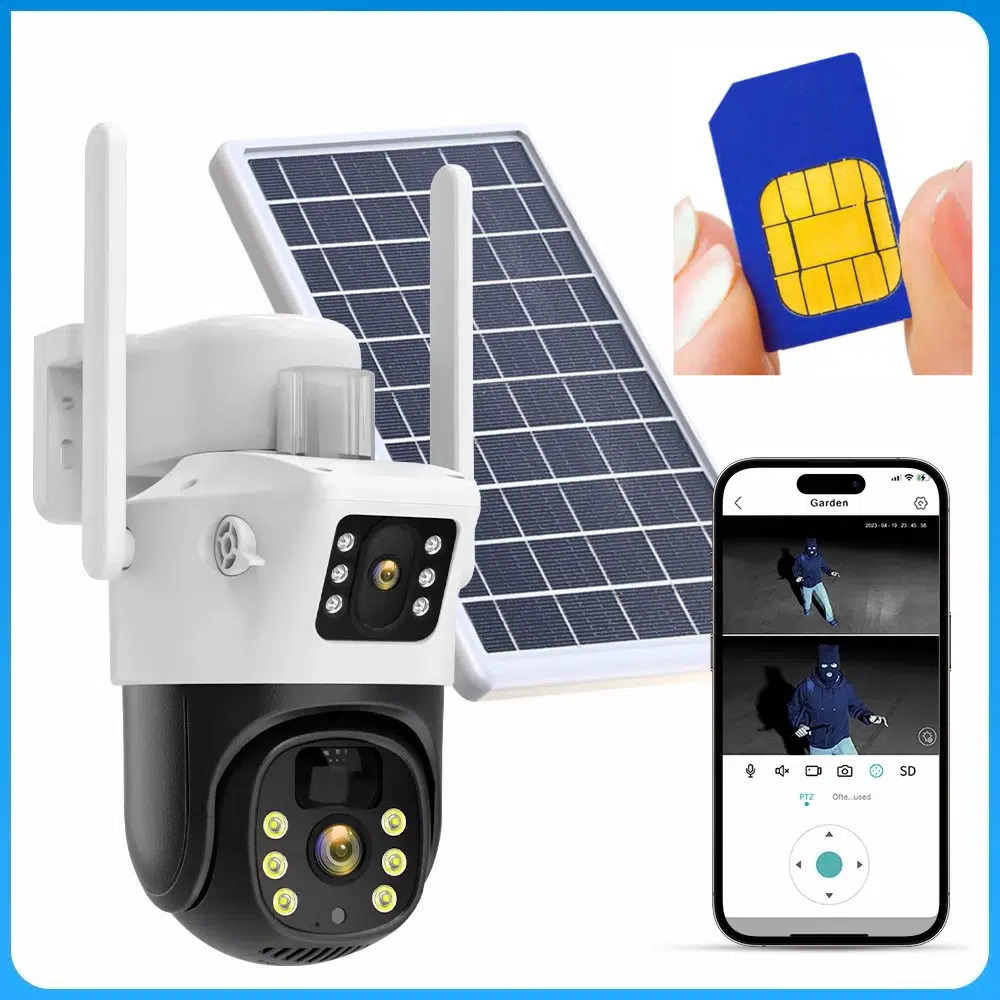 Picture of Dual Lens Solar Battery Backup PTZ IP Camera V380 PRO 4G Sim-Supported 10X Optical Zoom, Waterproof, Two-Way Audio, Motion Detection - Multicolor
