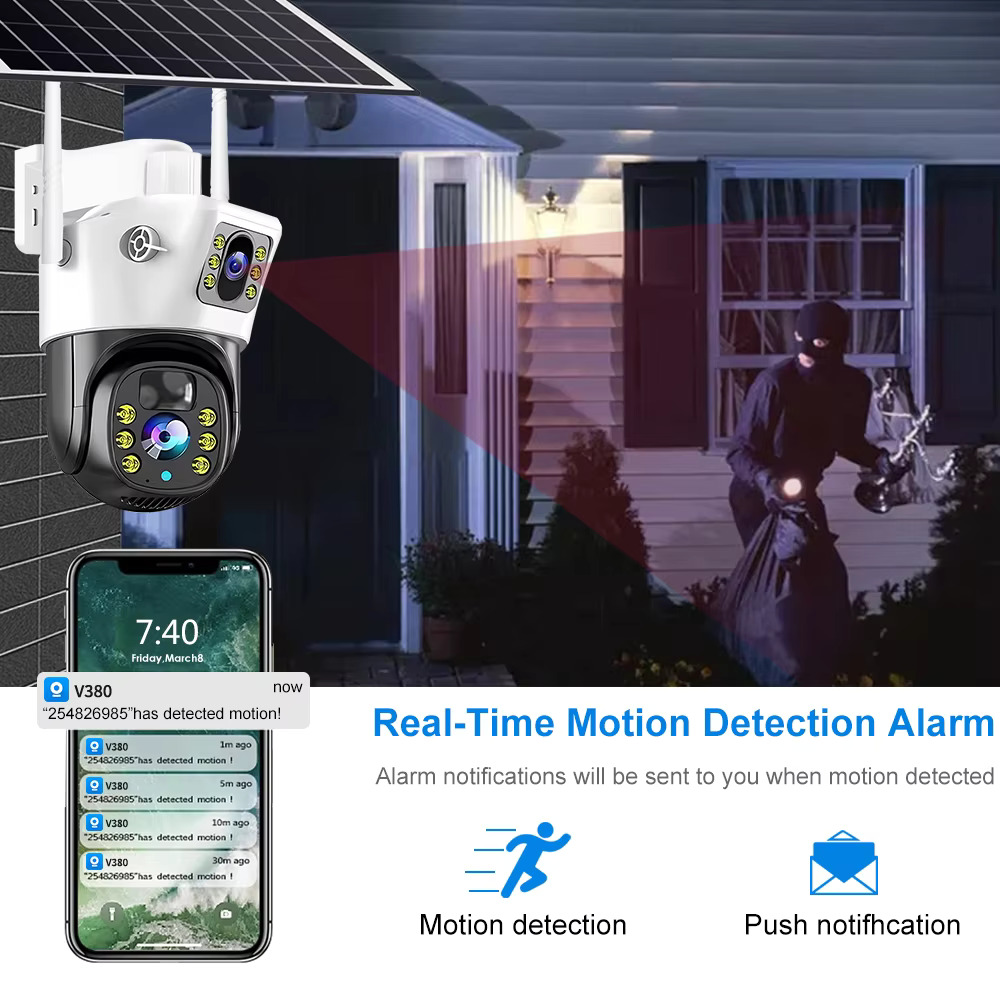 Picture of Dual Lens Solar Battery Backup PTZ IP Camera V380 PRO 4G Sim-Supported 10X Optical Zoom, Waterproof, Two-Way Audio, Motion Detection - Multicolor