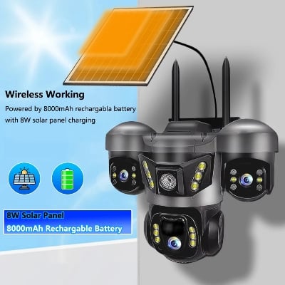 Picture of 4G LTE V380Pro Triple Lens Solar Powered Security Camera System PIR Motion Alarm Network CCTV Camera 3 Screens Recorder 4G Sim Supported IP Camera - Black