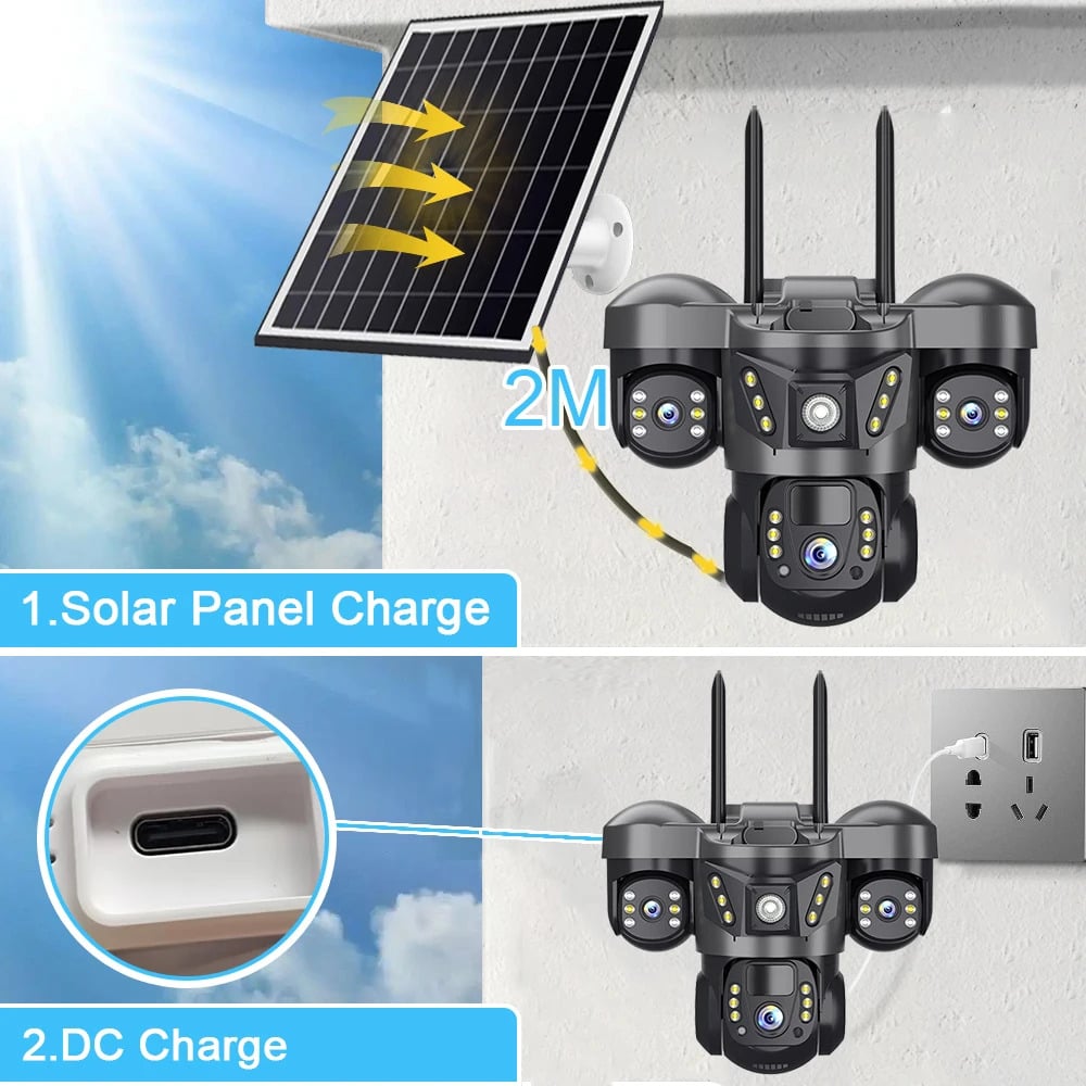Picture of 4G LTE V380Pro Triple Lens Solar Powered Security Camera System PIR Motion Alarm Network CCTV Camera 3 Screens Recorder 4G Sim Supported IP Camera - Black