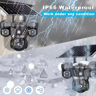 Picture of 4G LTE V380Pro Triple Lens Solar Powered Security Camera System PIR Motion Alarm Network CCTV Camera 3 Screens Recorder 4G Sim Supported IP Camera - Black