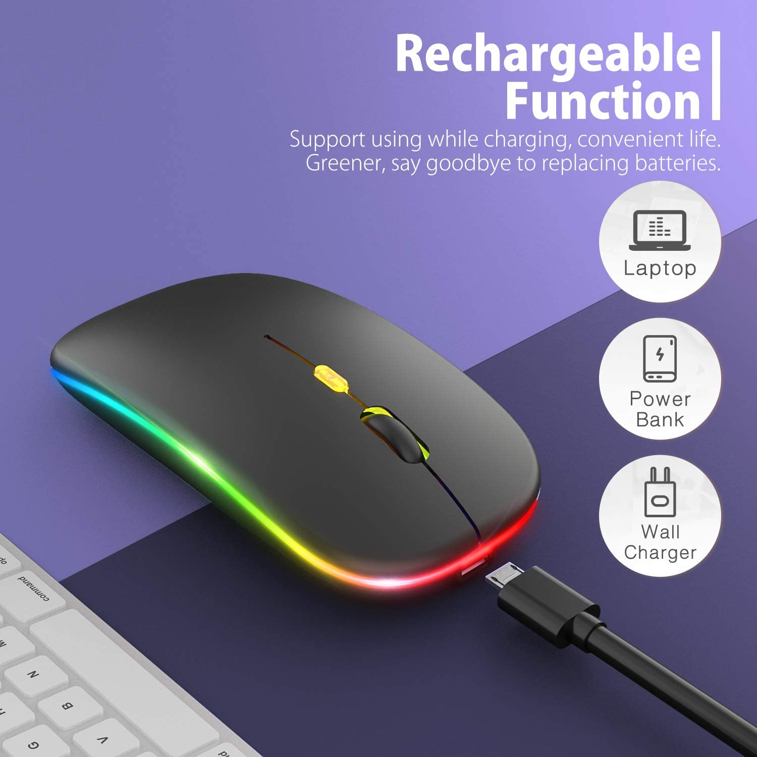 Picture of RGB Bluetooth Mouse, W10 Wireless Rechargeable Slim Wireless Mouse Gaming Mouse for Laptop PC
