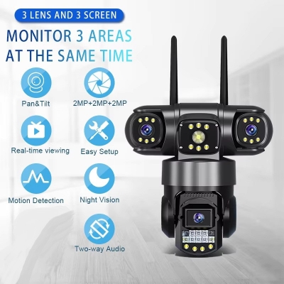 Picture of 4G V380 Three Lens 3 Screen IP Camera HD 6MP Outdoor Waterproof Two Way Intercom Full Color Night Vision PTZ CCTV Security Camera - Black