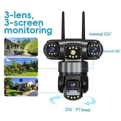 Picture of 4G V380 Three Lens 3 Screen IP Camera HD 6MP Outdoor Waterproof Two Way Intercom Full Color Night Vision PTZ CCTV Security Camera - Black