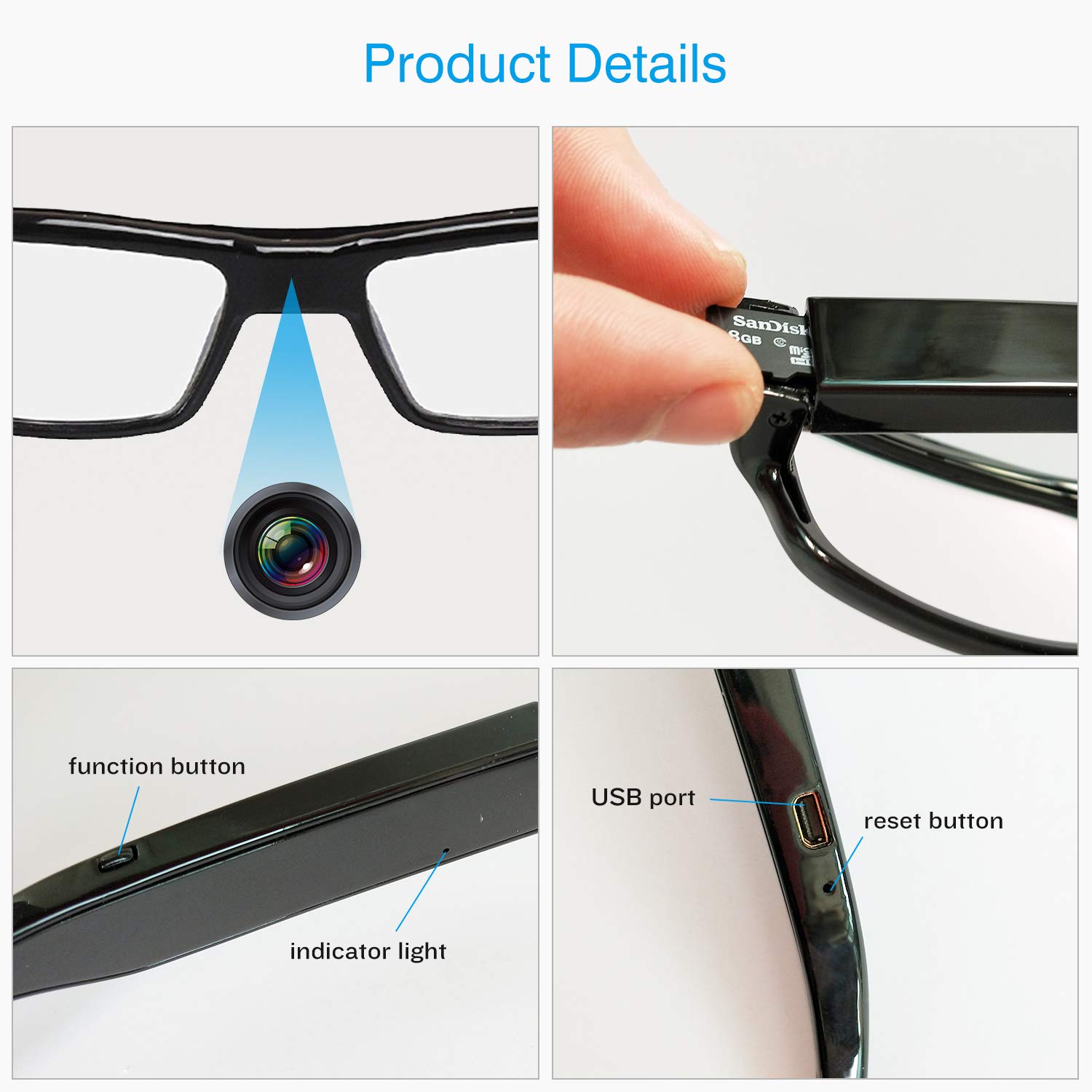 Picture of Smart Glasses with Camera HD Camera Glasses Eyewear glass Cameras Audio Video Recording Traveler Glasses Camera - Black