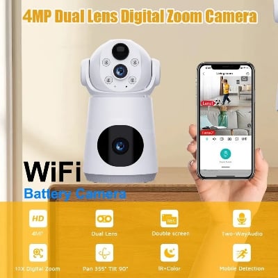 Picture of V380 Pro Wifi IP Camera 4MP Two Way Audio Mini CCTV Security Camera Baby Monitoring Wireless Dual Lance Smart Battery Backup CCTV Camera - Multicolor