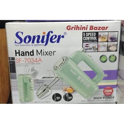 Picture of The Sonifer Hand Mixer SF-7034A offers reliable performance for all your baking and cooking needs. Whether whipping cream or kneading dough, this compact mixer handles it all effortlessly.