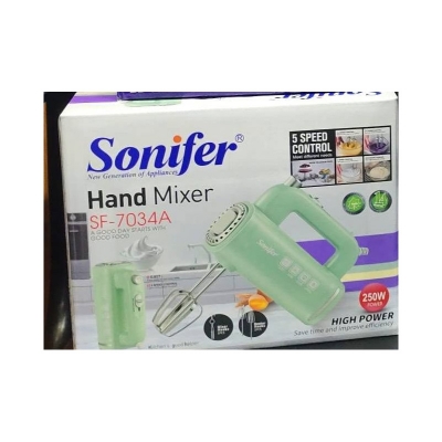 Picture of The Sonifer Hand Mixer SF-7034A offers reliable performance for all your baking and cooking needs. Whether whipping cream or kneading dough, this compact mixer handles it all effortlessly.