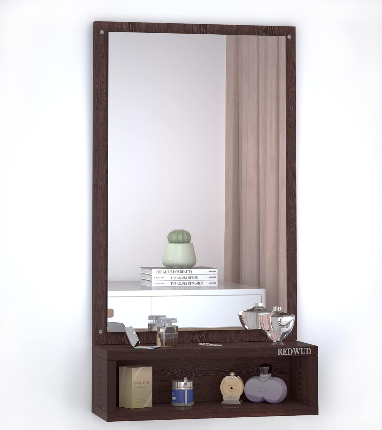 Picture of Timber Furniture Engineered Wood Dressing Wall Mirrors Wall Hanging Mirrors With Shelf Decorative Wall Mirror Dressing Table For Bedroom Living Room Matte Finish, Rectangular