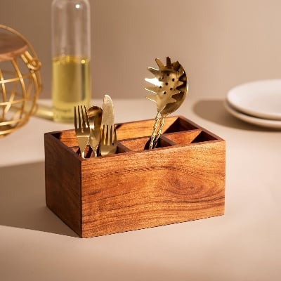 Picture of Timber Furniture Spoon Holder - Medium Size Brown Kitchen Storage Rack - Cutlery Organiser - Cherry
