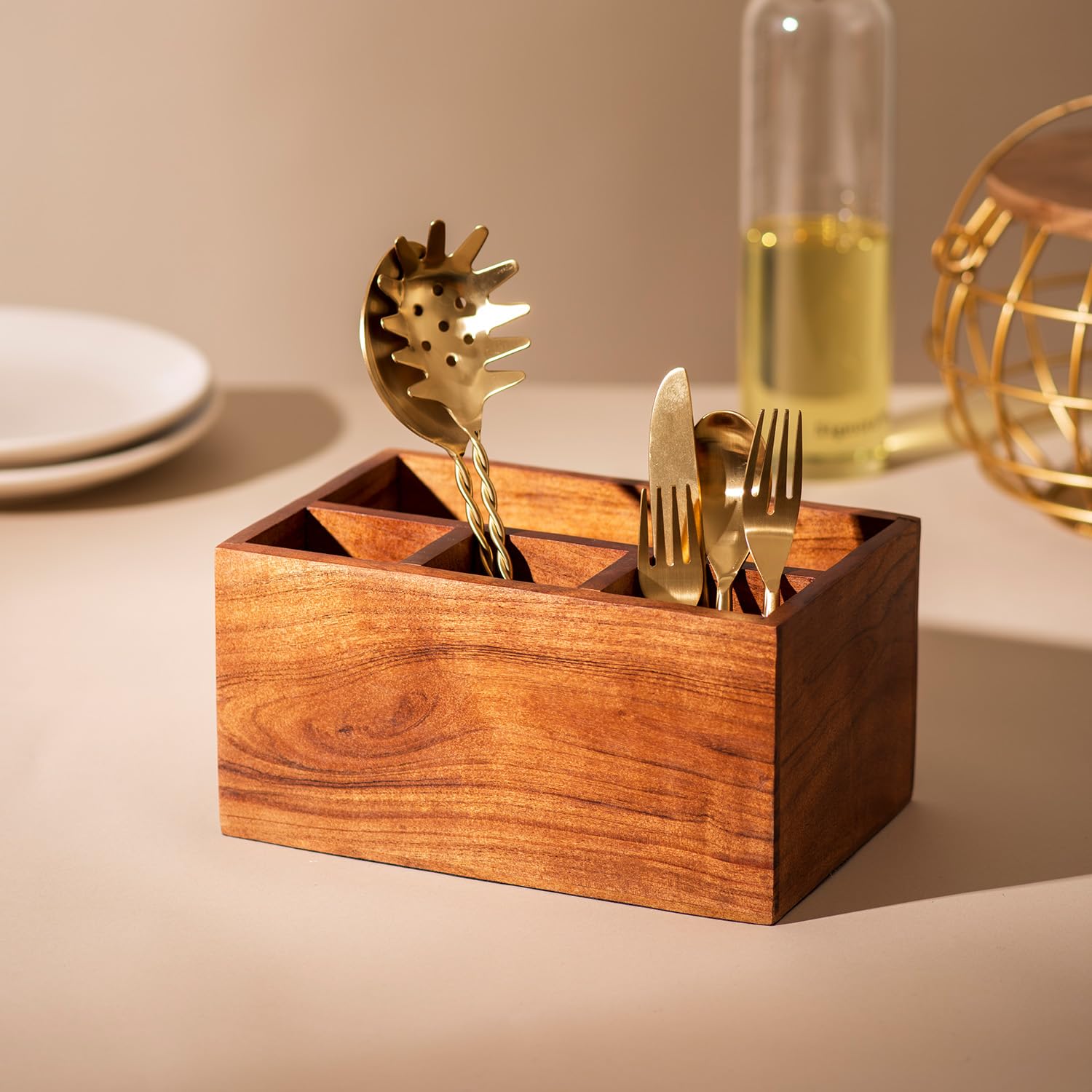 Picture of Timber Furniture Spoon Holder - Medium Size Brown Kitchen Storage Rack - Cutlery Organiser - Cherry