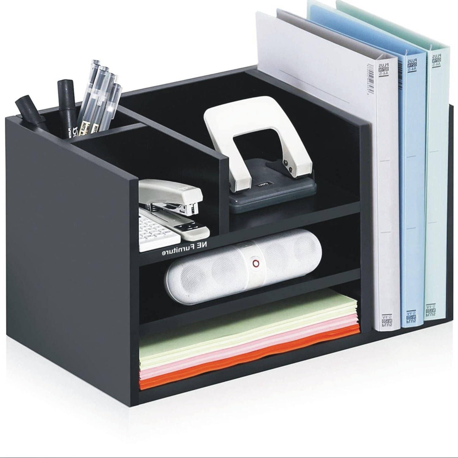 Picture of Timber Furniture Bookshelf Wood Desk Organiser Bookcase with Shelves File, Sorter Decor Display Rack in Home Office - Black