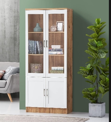 Picture of Timber Furniture DeckUp Plank Versa 2 door Transparent Mirror Book Shelf With 5 storage Shelve and Storage Cabinet - Showpiece Display Unit, Wotan Oak and White, Matte Finish 60x24x12" - Multicolor