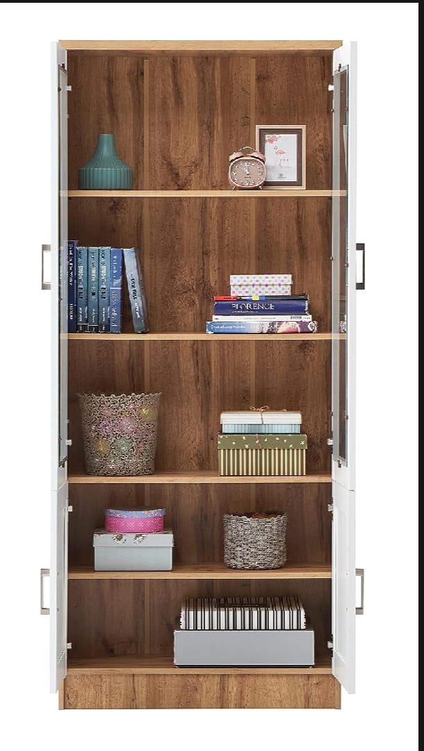 Picture of Timber Furniture DeckUp Plank Versa 2 door Transparent Mirror Book Shelf With 5 storage Shelve and Storage Cabinet - Showpiece Display Unit, Wotan Oak and White, Matte Finish 60x24x12" - Multicolor