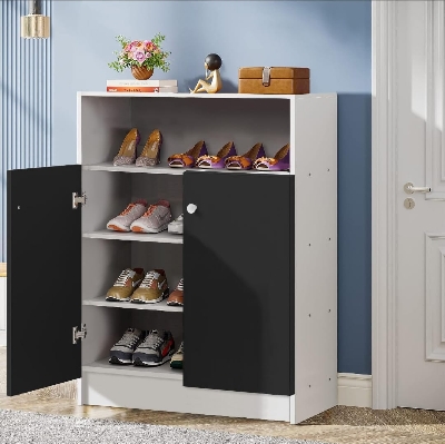 Picture of Timber Furniture Lukzer 4 Tier Shoe Rack with Door Multi-Layer Storage Organizer Shelf Free Standing Stand Entryway Rack Cabinets for your Home & Office Design by Timber Furniture 30x24x12'