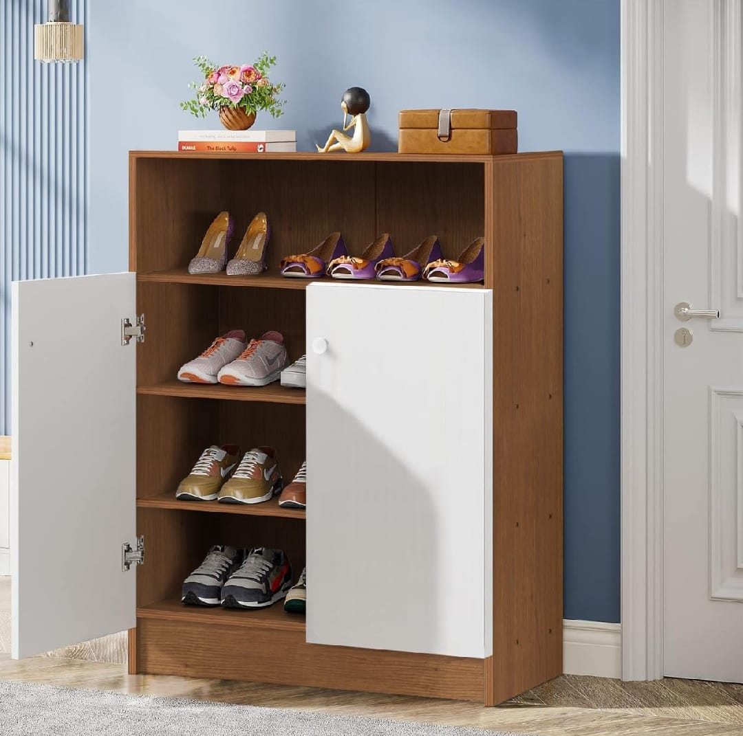 Picture of Timber Furniture Lukzer 4 Tier Shoe Rack with Door Multi-Layer Storage Organizer Shelf Free Standing Stand Entryway Rack Cabinets for your Home & Office Design by Timber Furniture 30x24x12'