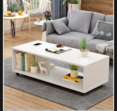 Picture of Timber Furniture EKRON Center Table with Wheels Open Rack Bed Side Display Stand Fashionable Space Saving Furniture Coffee Tea Table (Frosty White) 18X30X16" - White