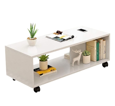 Picture of Timber Furniture EKRON Center Table with Wheels Open Rack Bed Side Display Stand Fashionable Space Saving Furniture Coffee Tea Table (Frosty White) 18X30X16" - White