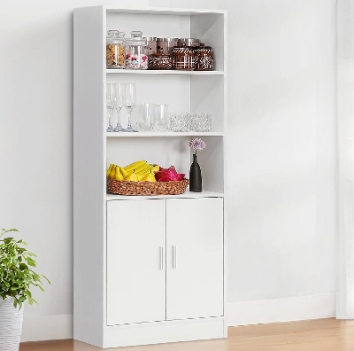 Picture of Timber Furniture Multifunctional Storage Rack, 5 Tier Storage Cabinet with 3 Open Shelves & 2 Magnetic Door-5 ft Kitchen Cabinet - Crockery Storage Cabinets-Storage Shelf for Office & Home Living Room 60X24X10" - White