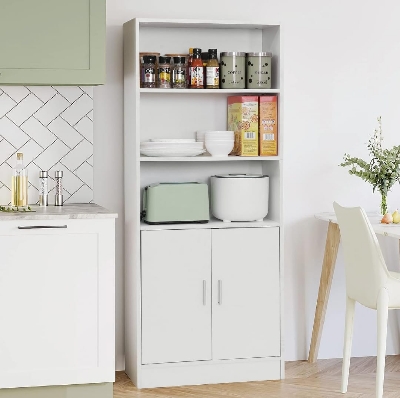 Picture of Timber Furniture Multifunctional Storage Rack, 5 Tier Storage Cabinet with 3 Open Shelves & 2 Magnetic Door-5 ft Kitchen Cabinet - Crockery Storage Cabinets-Storage Shelf for Office & Home Living Room 60X24X10" - White