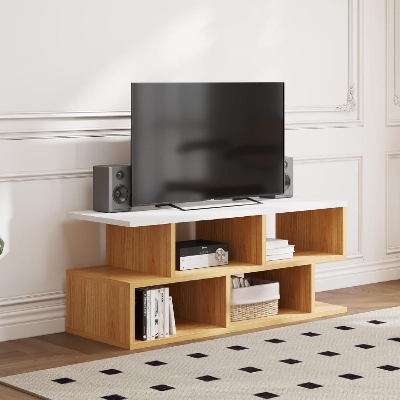 Picture of Timber Furniture Floor Standing TV Entertainment Unit Setup Box Stand TV Cabinet with Shelves & Drawer for Books & Décor Display Unit 18X42X12"