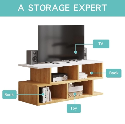 Picture of Timber Furniture Floor Standing TV Entertainment Unit Setup Box Stand TV Cabinet with Shelves & Drawer for Books & Décor Display Unit 18X42X12"