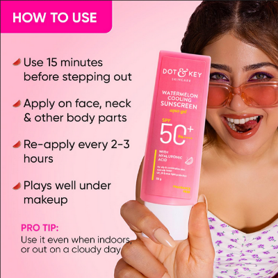 Picture of Dot & Key Watermelon Cooling Sunscreen SPF 50+ PA++++80gm | With Hyaluronic Acid, Instantly Cools Skin, Broad Spectrum Protection | Controls Excess Oil, Checks Tanning, No White Cast, All Skin Types |