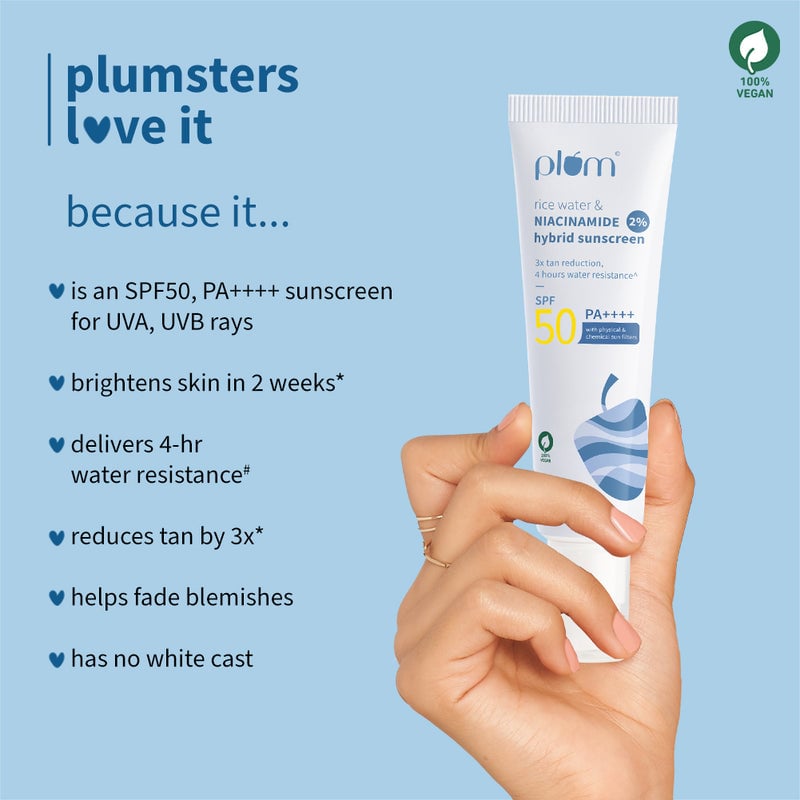 Picture of Plum 2% Niacinamide & Rice Water Hybrid Face Sunscreen With SPF 50 PA+++ 50g