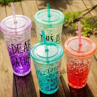 Picture of Stylish Juice Glass With Straw Cooling Color Changing Slider Double Wall Insulated summer Water & Juice Pots Ice Straw Cup 1Pcs