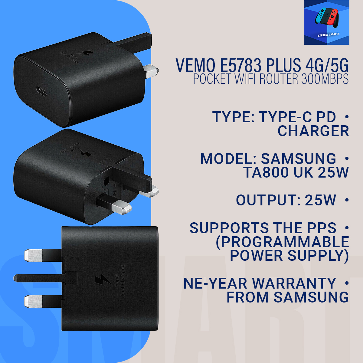 Picture of Samsung TA800 UK 25W Type-C PD Charger (Original, 1 Year Warranty) - Black